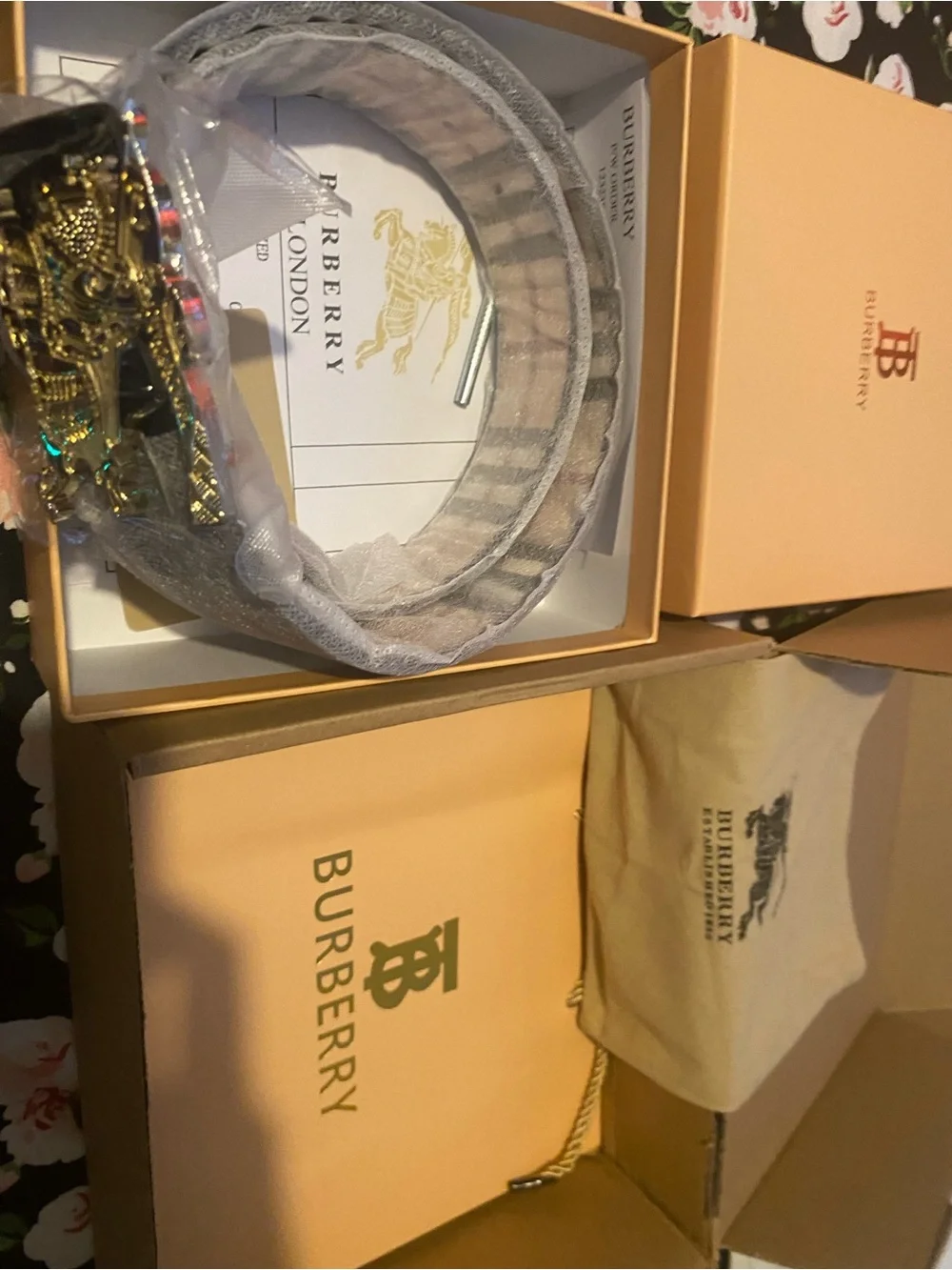 Burberry Black Leather Belt with Gold Equestrian Knight Buckle
